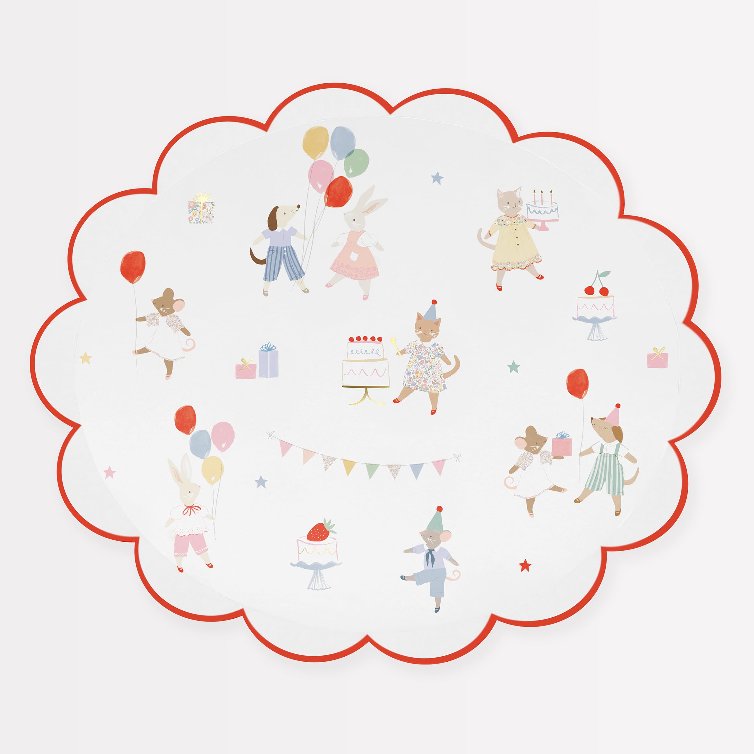 Meri Meri Animal Friends Paper Plates (Pack of 8), Disposable Party Plates for Baby Showers, Kids Birthday Parties, Scalloped, Pastels, Shiny Gold Foil Details