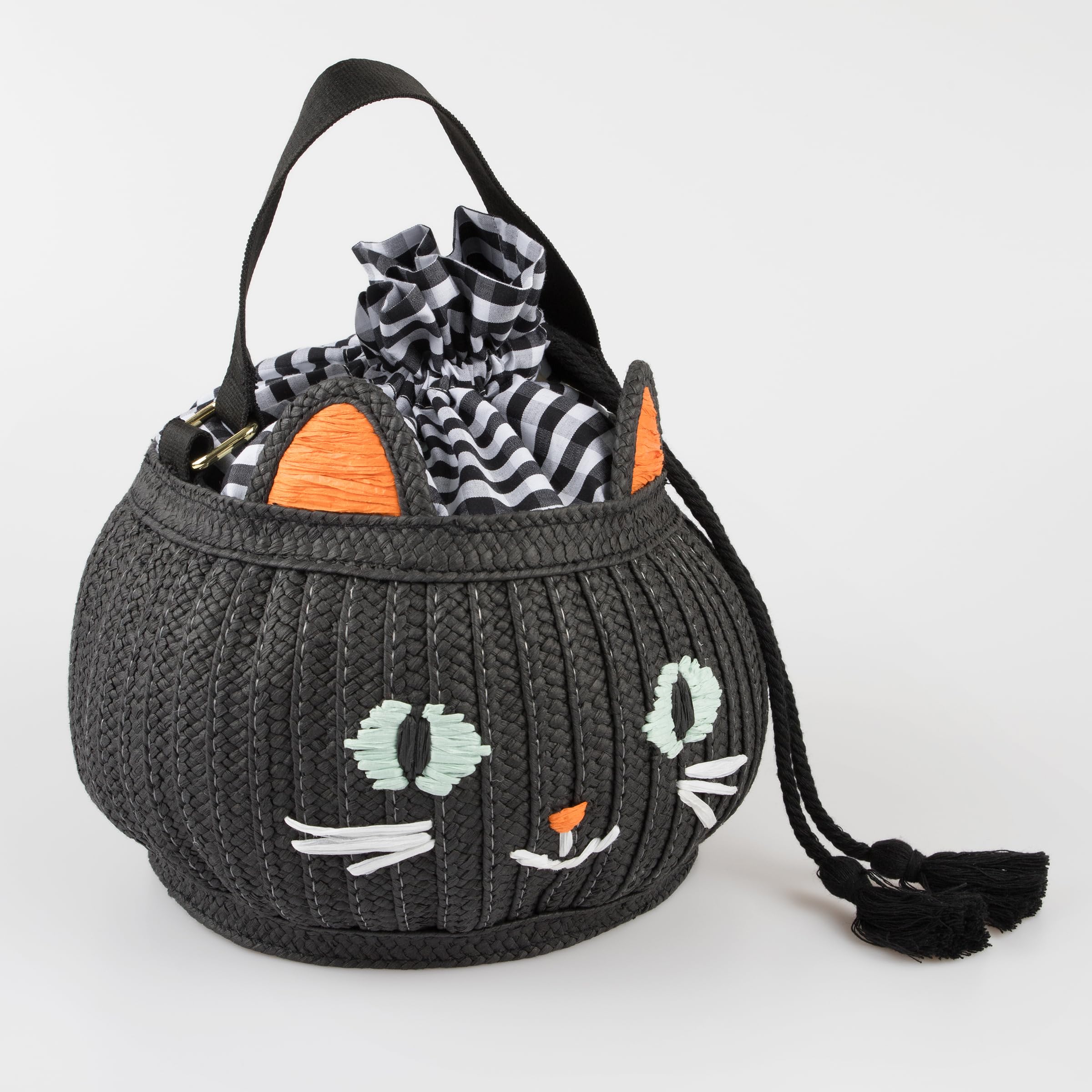 Meri Meri Black Cat Halloween Treat Bag (Pack of 1), Sturdy Woven Black Paper Trick or Treat Tote, Ages 4+, 9.5” x 7” x 9.5”, Adorable Raffia Cat Face, Drawstring Closure, Black Webbing Handle - Image 3