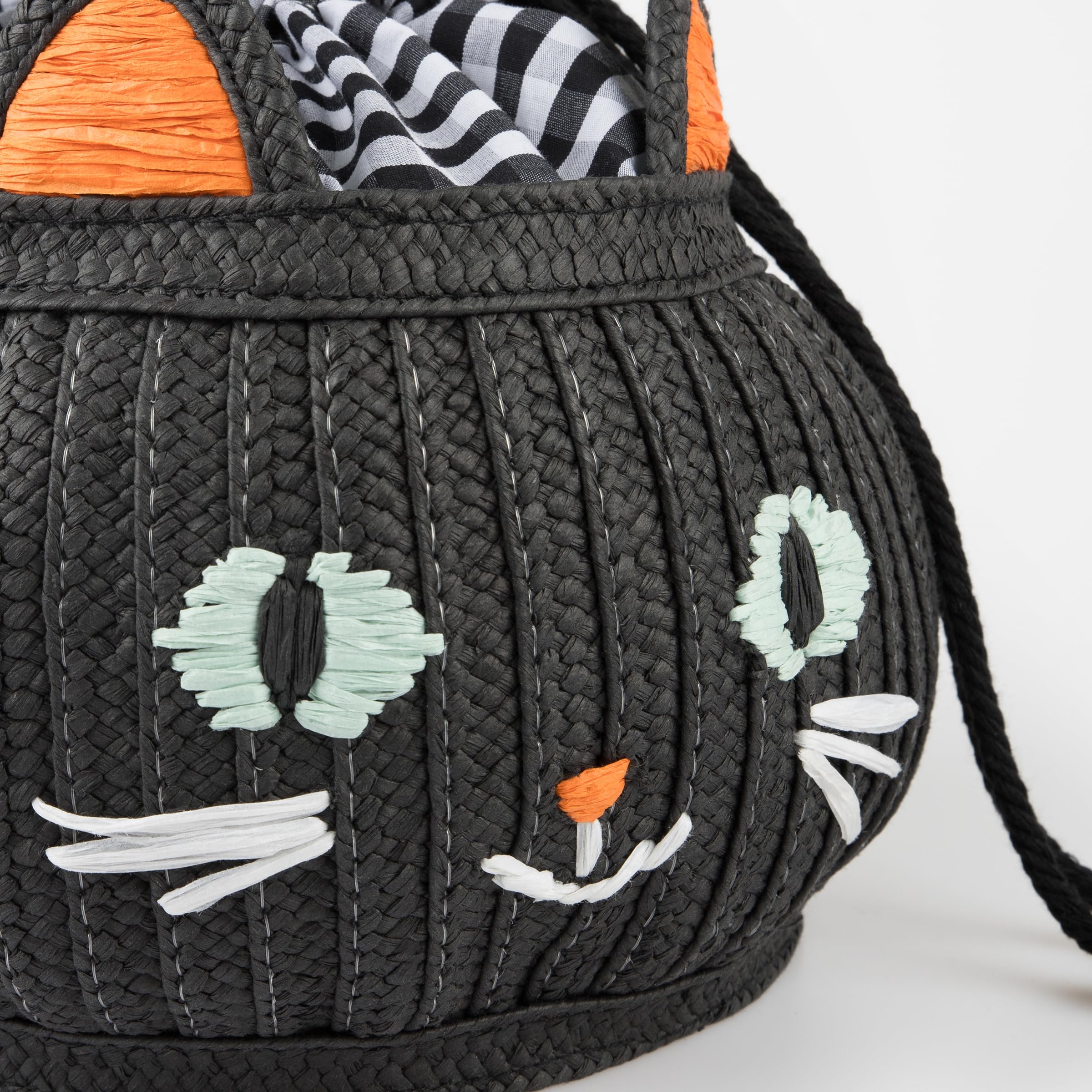 Meri Meri Black Cat Halloween Treat Bag (Pack of 1), Sturdy Woven Black Paper Trick or Treat Tote, Ages 4+, 9.5” x 7” x 9.5”, Adorable Raffia Cat Face, Drawstring Closure, Black Webbing Handle - Image 4
