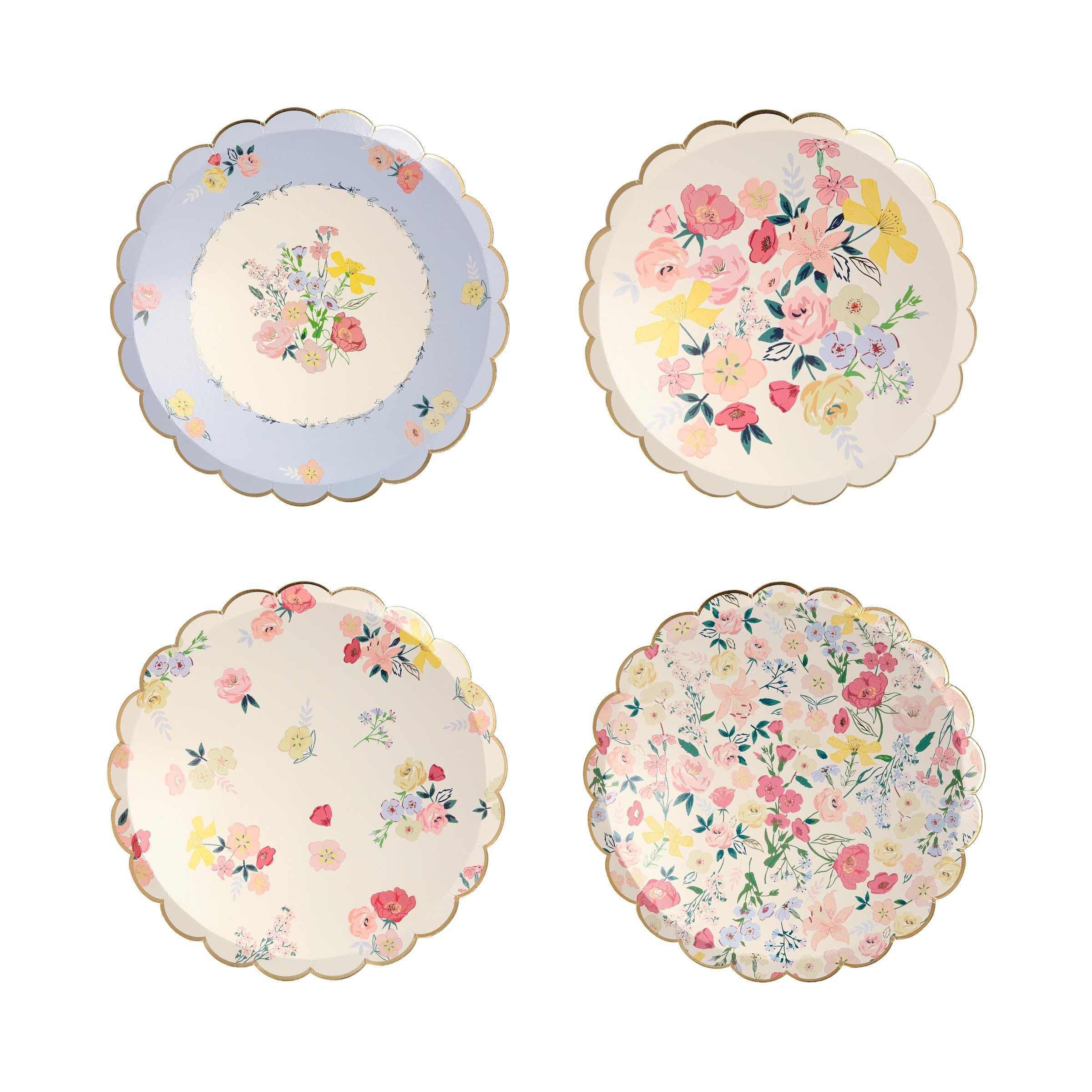 Meri Meri English Garden Side Plates, Big Multipack (Pack of 48) of Disposable, Floral Paper Plates, 4 Colorful Designs with Scalloped Edges and Gold Foil Details, 8.5”