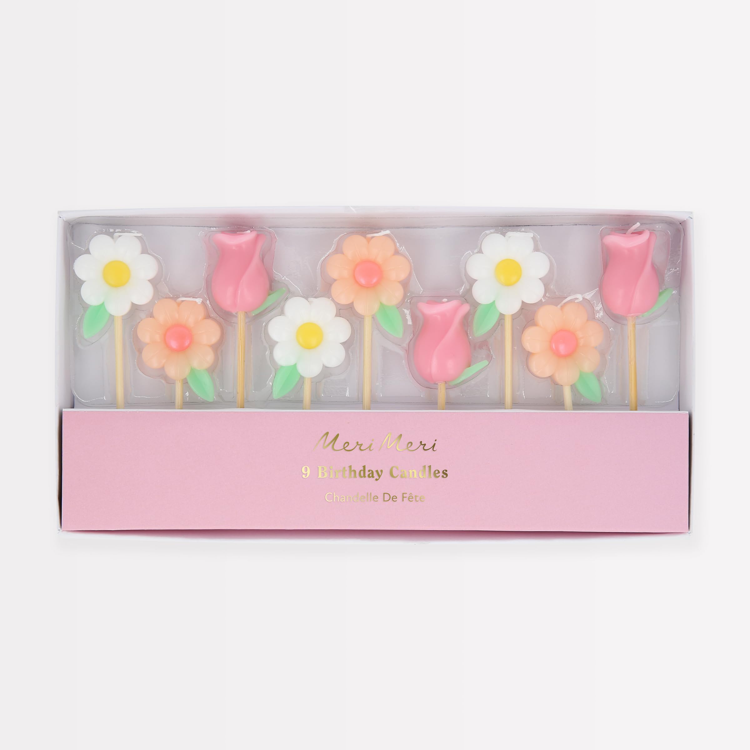 Meri Meri Garden Flower Candles (Pack of 9), Birthday Cake Decorations, Moulded 3D Shape, 3 Designs, Flower Cake Toppers for Baby and Bridal Showers, Average Height Including Stick is 3.5"