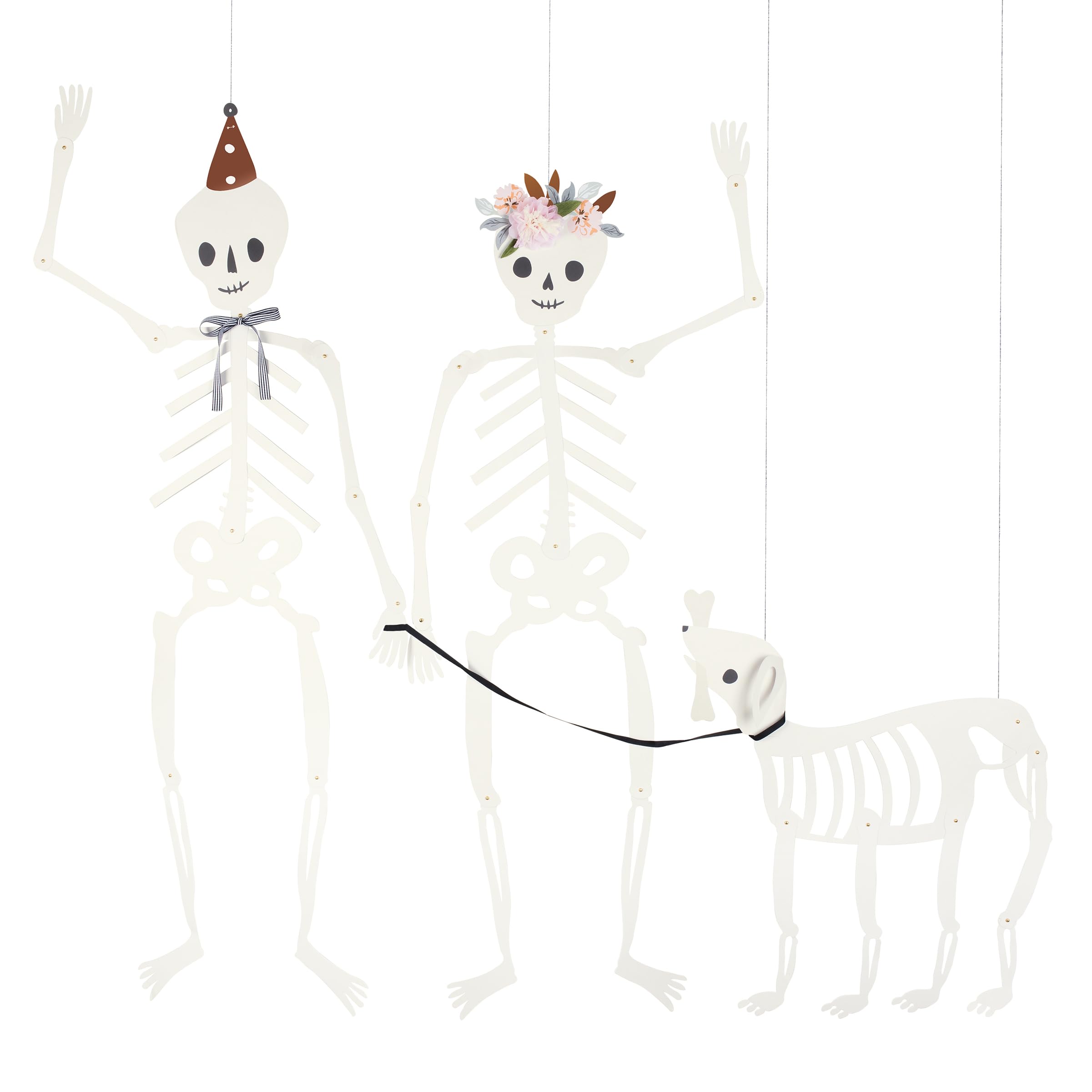 Meri Meri Giant Jointed Halloween Skeletons, Skeleton Couple & Dog Halloween Party Decorations, Skeleton Heights 48”, Dog Skeleton 24”, Fully Assembled, Hanging Loop Included