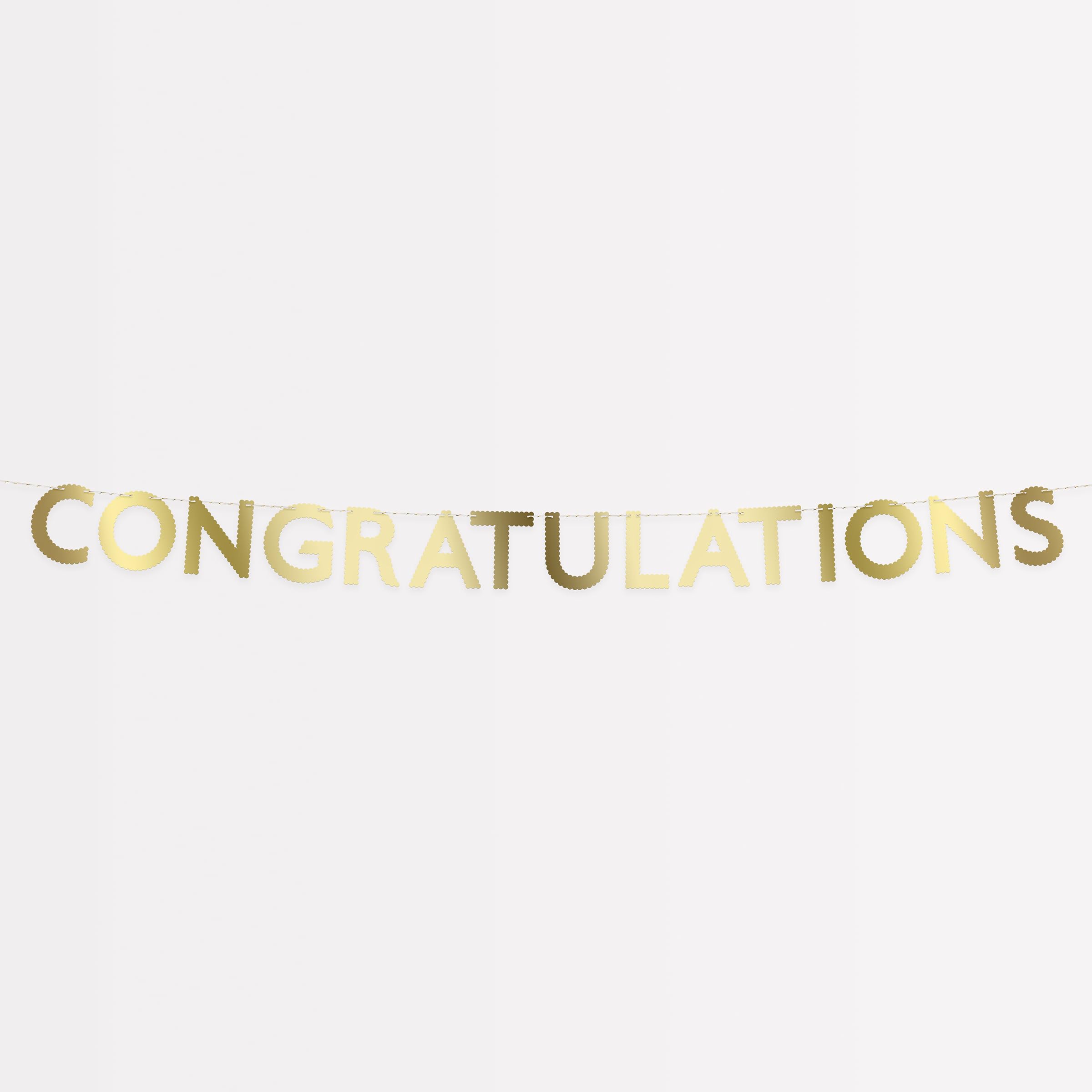 Meri Meri Gold Congratulations Banner (Pack of 1), 10' Party Banner with Excess Cord