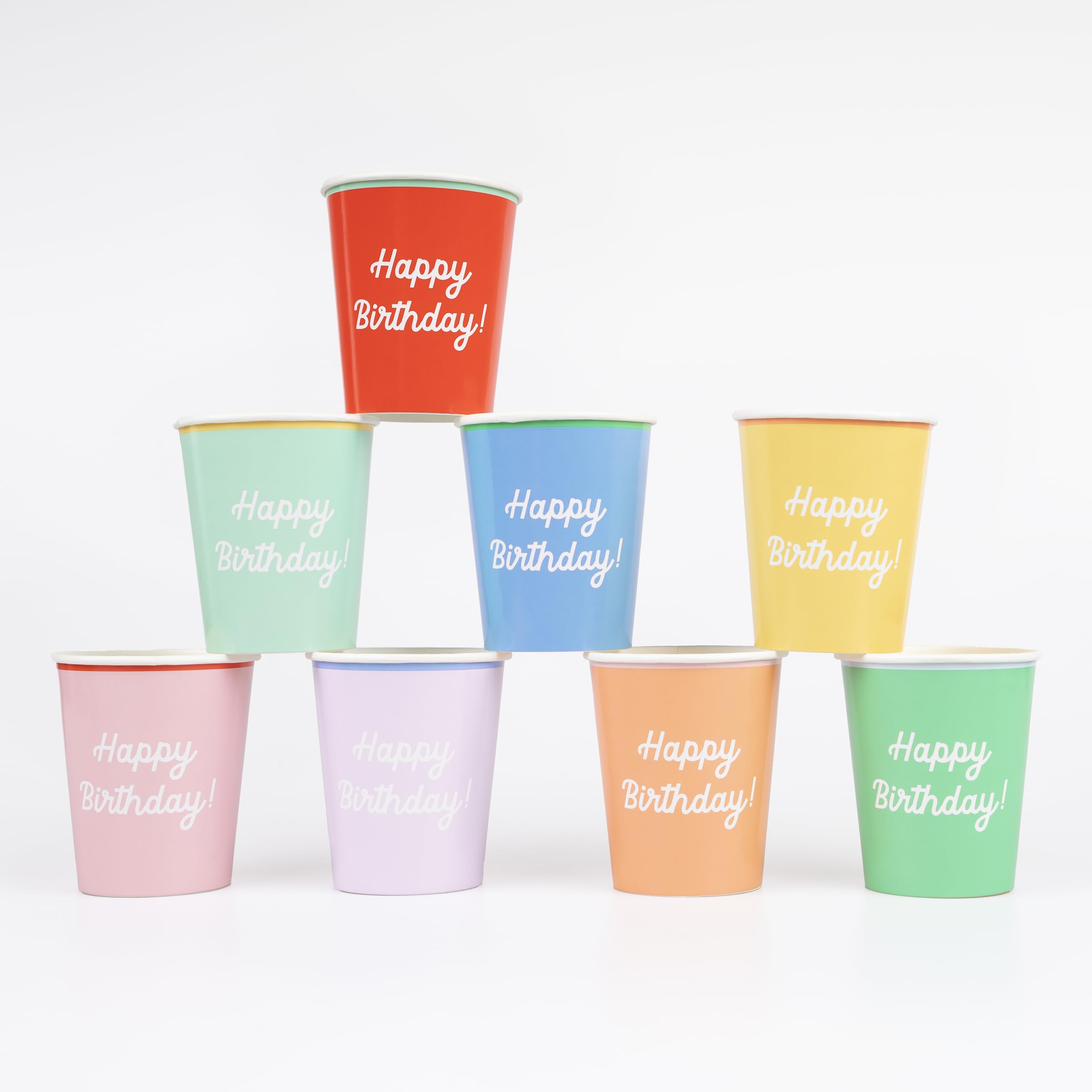 Meri Meri Happy Birthday Cups (Pack of 8), Disposale Party Cups, For Kids & Adults, 8 Vibrant Colors, Sturdy Paper for Hot & Cold Drinks, 9oz Capacity