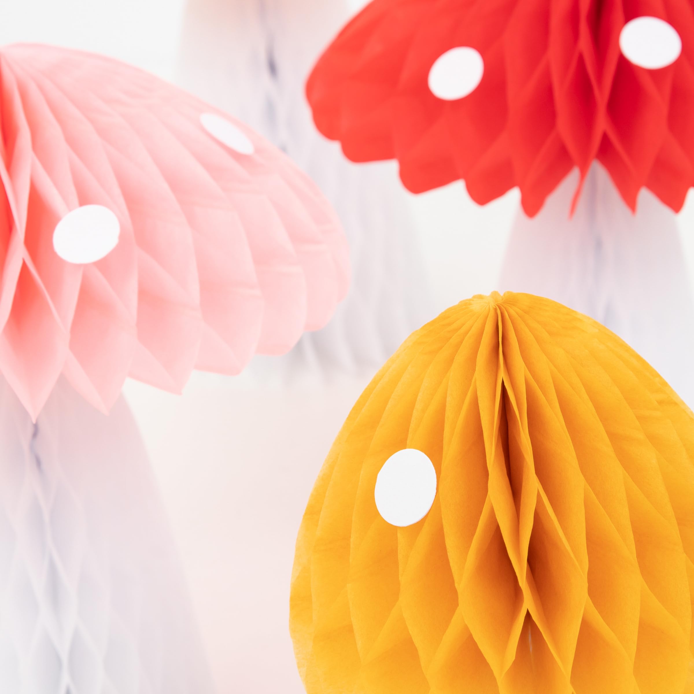 Meri Meri Honeycomb Mushroom Decorations (Pack of 10) - Colorful Tissue Paper Mushrooms, Reusable Fairy Party Decor, Woodland Decorations with White Spot Stickers - Image 3
