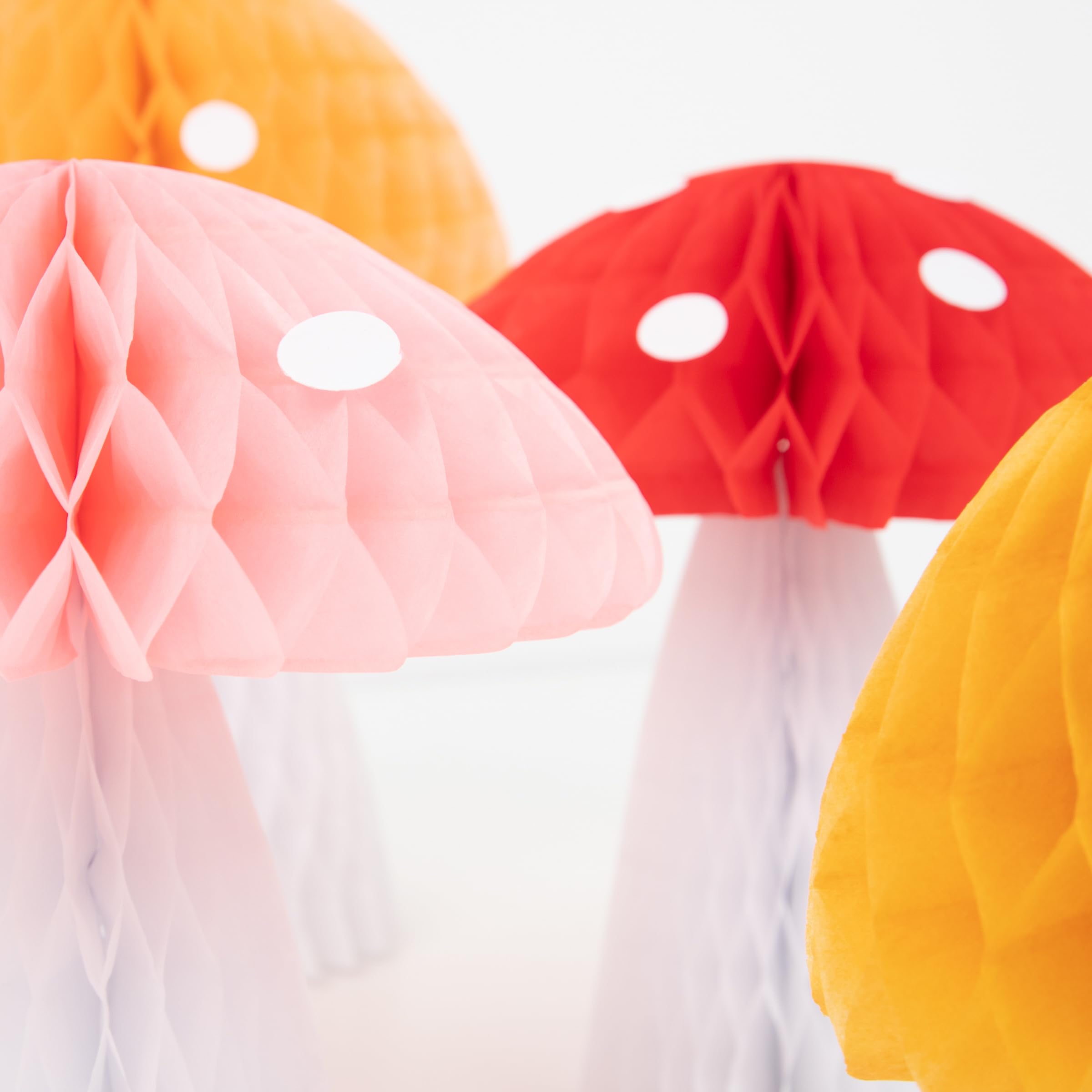 Meri Meri Honeycomb Mushroom Decorations (Pack of 10) - Colorful Tissue Paper Mushrooms, Reusable Fairy Party Decor, Woodland Decorations with White Spot Stickers - Image 4