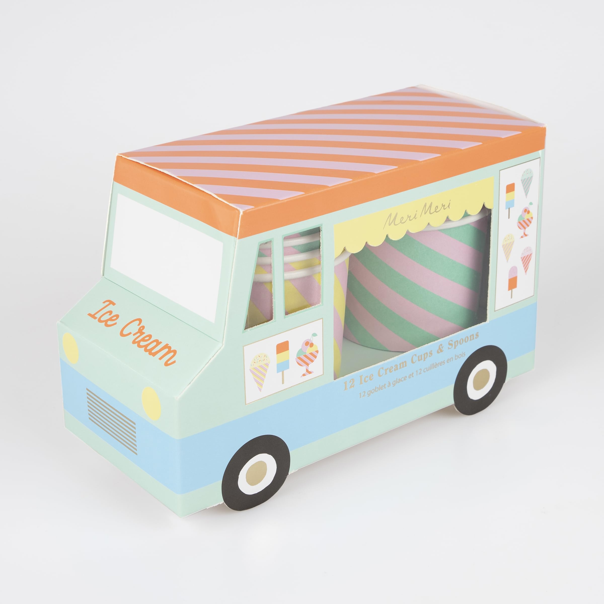 Meri Meri Ice Cream Party Pack (Pack of 12), Ice Cream Cups & Spoons, Truck Carry Case, Striped Paper Cups, Includes Wooden Spoons, Kids & Adults, 3.5 x 2.75 x 3.5 - Image 3