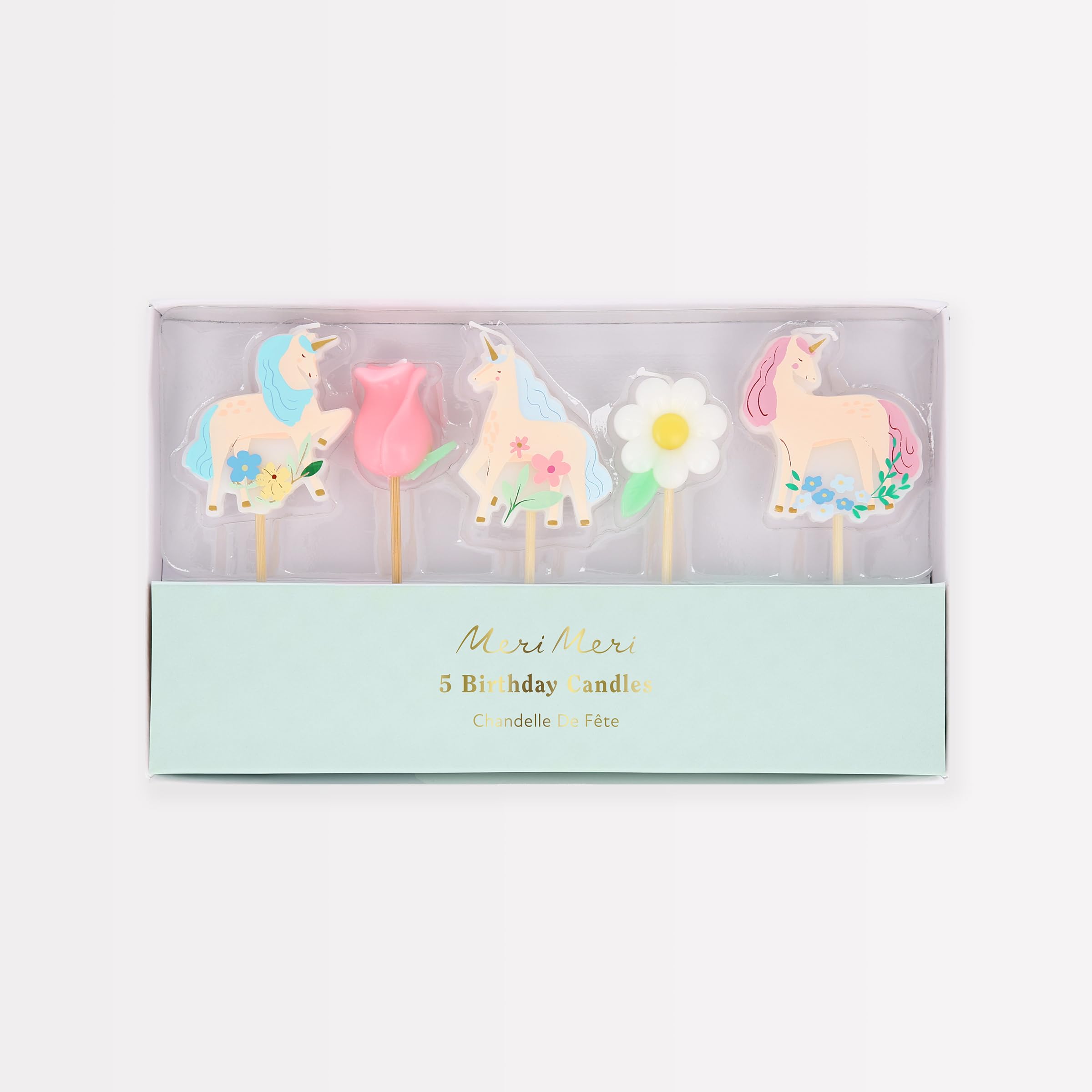 Meri Meri Meadow Unicorn Candles (Pack of 5), Unicorn Birthday Cake Toppers, Average Height Including Stick is 4.25", Unscented