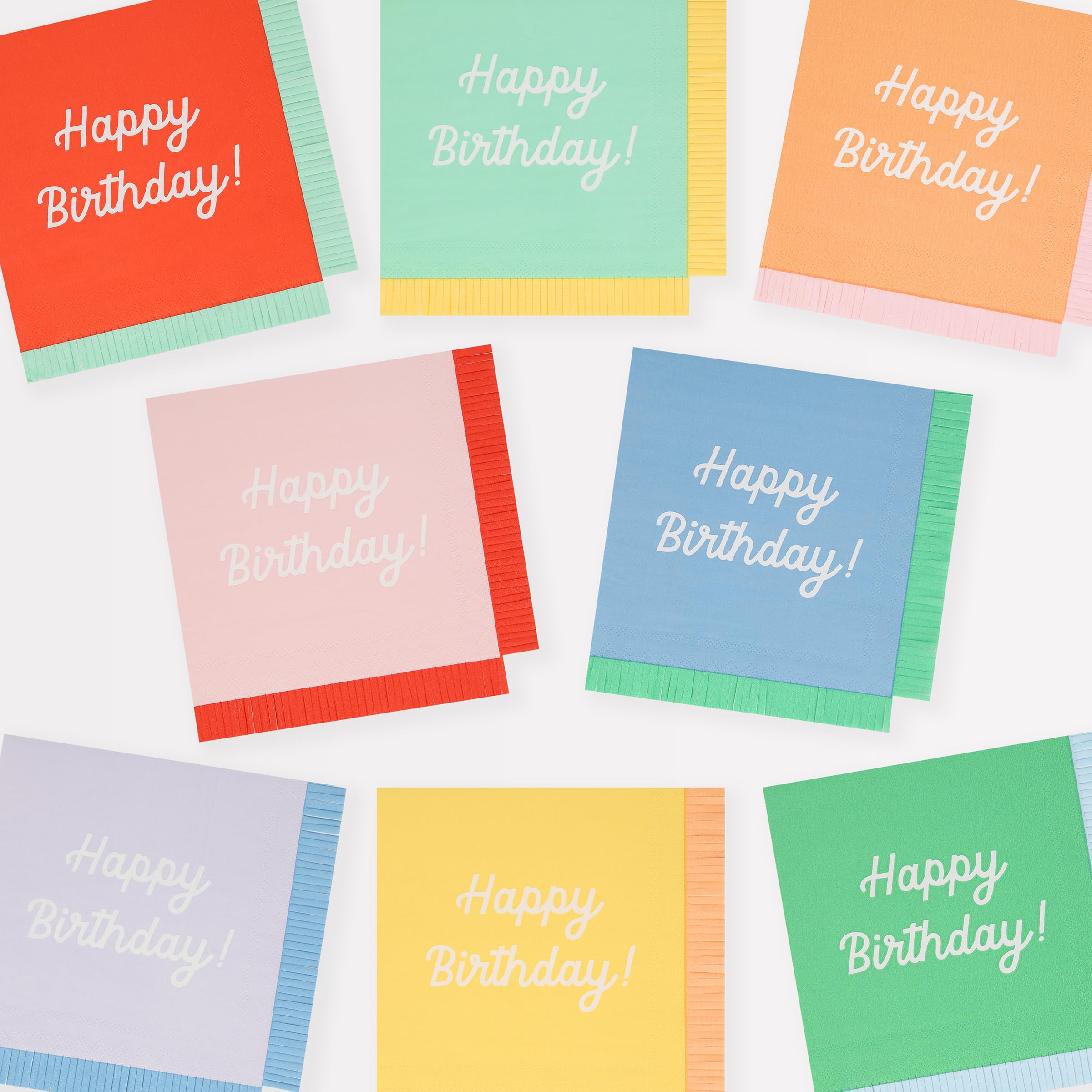 Meri Meri Mixed Happy Birthday Napkins, (Pack of 16), Disposable Paper Happy Brithday Party Napkins, Thick & Absorbent 3-Ply Paper, Vibrant Colours, Fringed Border