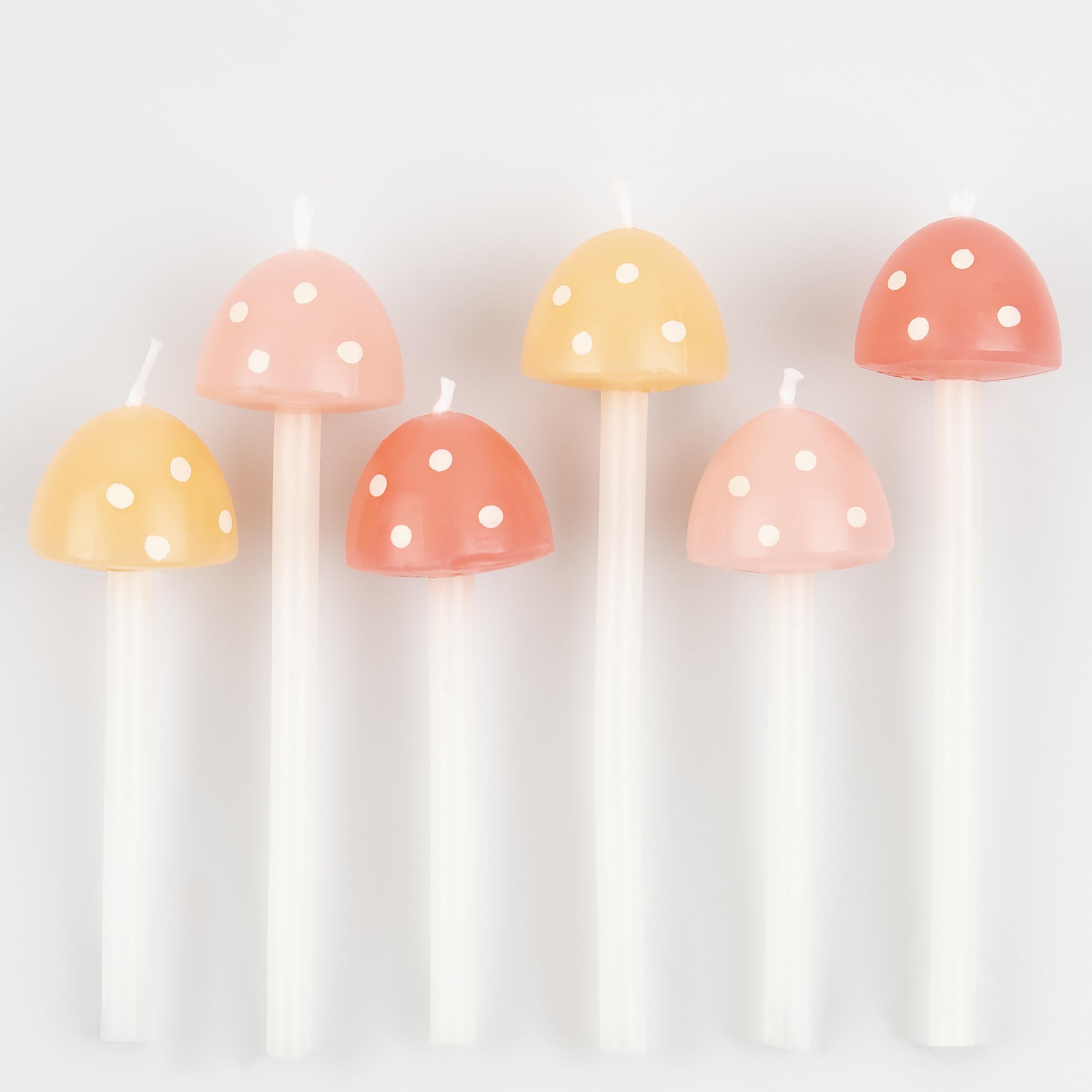 Meri Meri Mushroom Birthday Candles (Pack of 6) - 3D Mushroom Cake Toppers, Pastel Peach and Pink with White Spots, Fairy Party Decorations, Woodland Birthday Candles - Image 3