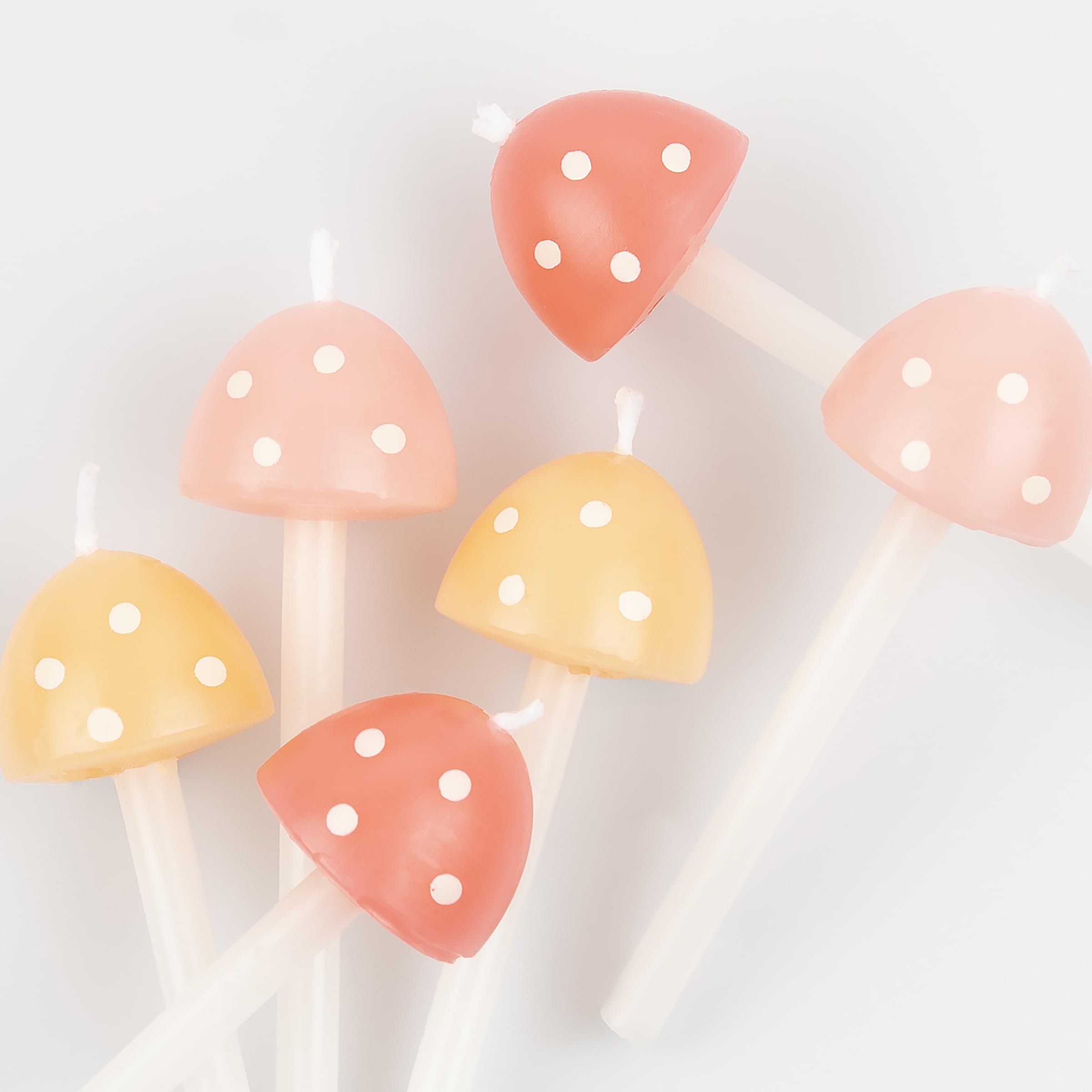Meri Meri Mushroom Birthday Candles (Pack of 6) - 3D Mushroom Cake Toppers, Pastel Peach and Pink with White Spots, Fairy Party Decorations, Woodland Birthday Candles - Image 4