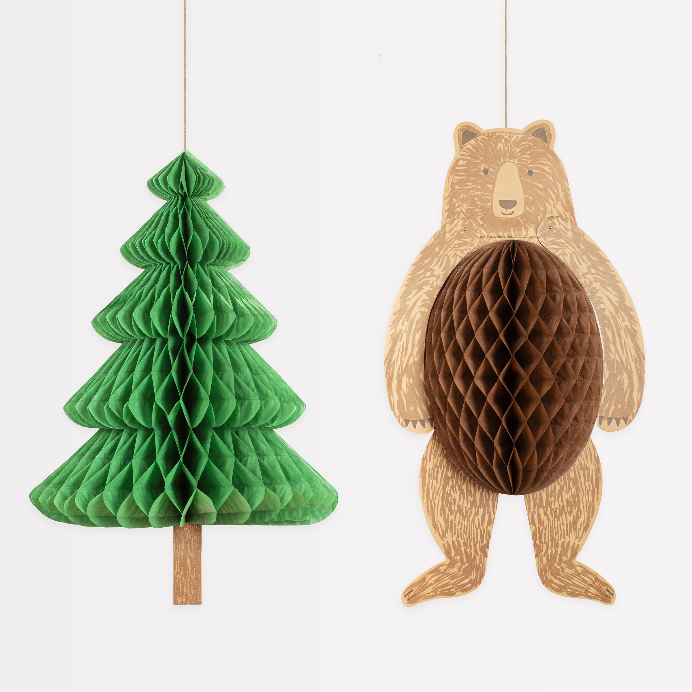 Meri Meri Outdoor Adventures Giant Hanging Decorations (Pack of 2), Outdoorsy Birthday Party Decorations, 3D Honeycomb, Easy to Assemble, Reusable, Bear Decoration - 32.5", Tree Decoration - 31"