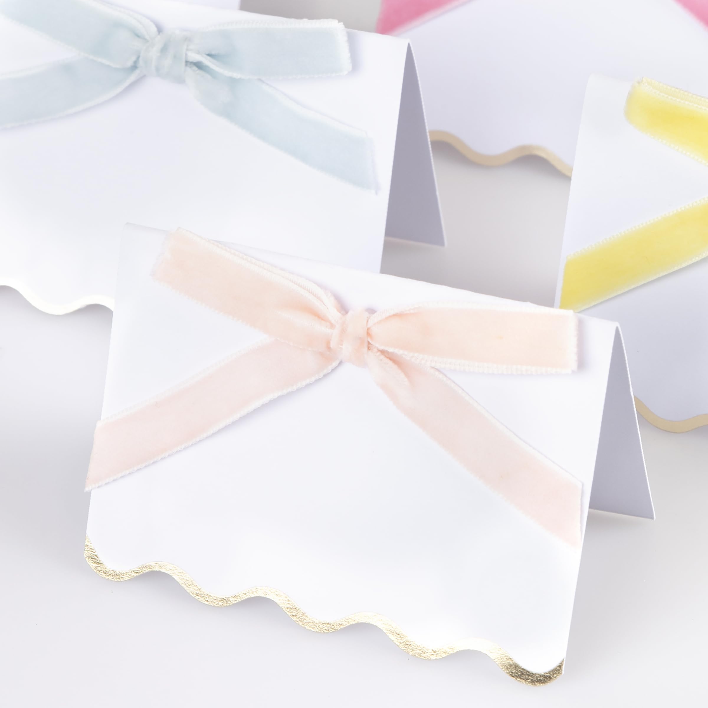 Meri Meri Pastel Velvet Bow Place Cards (Pack of 6), Table Decor Name Cards, Velvet Bows In 6 Pastel Colors, Wedding Place Cards, Scalloped Edges, Gold Foil Details, 3.5" x 2.5" - Image 3