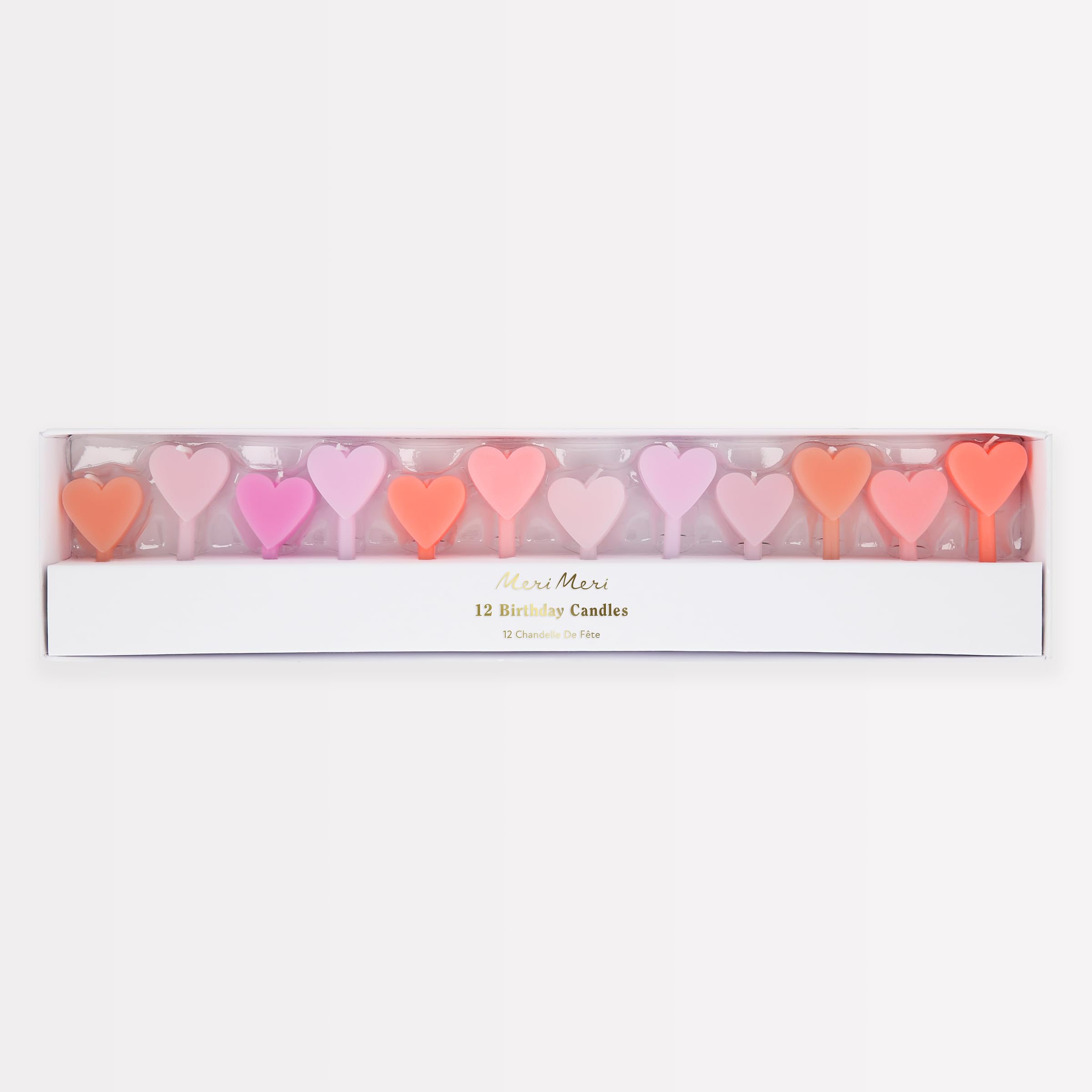 Meri Meri Pink Heart Candles (Pack of 12), 7 Shades of Pink, Mini Candles for Celebration Cakes & Cupcakes, Bridal Showers, Anniversaries, Average Candle Height with Stick is 2.125"