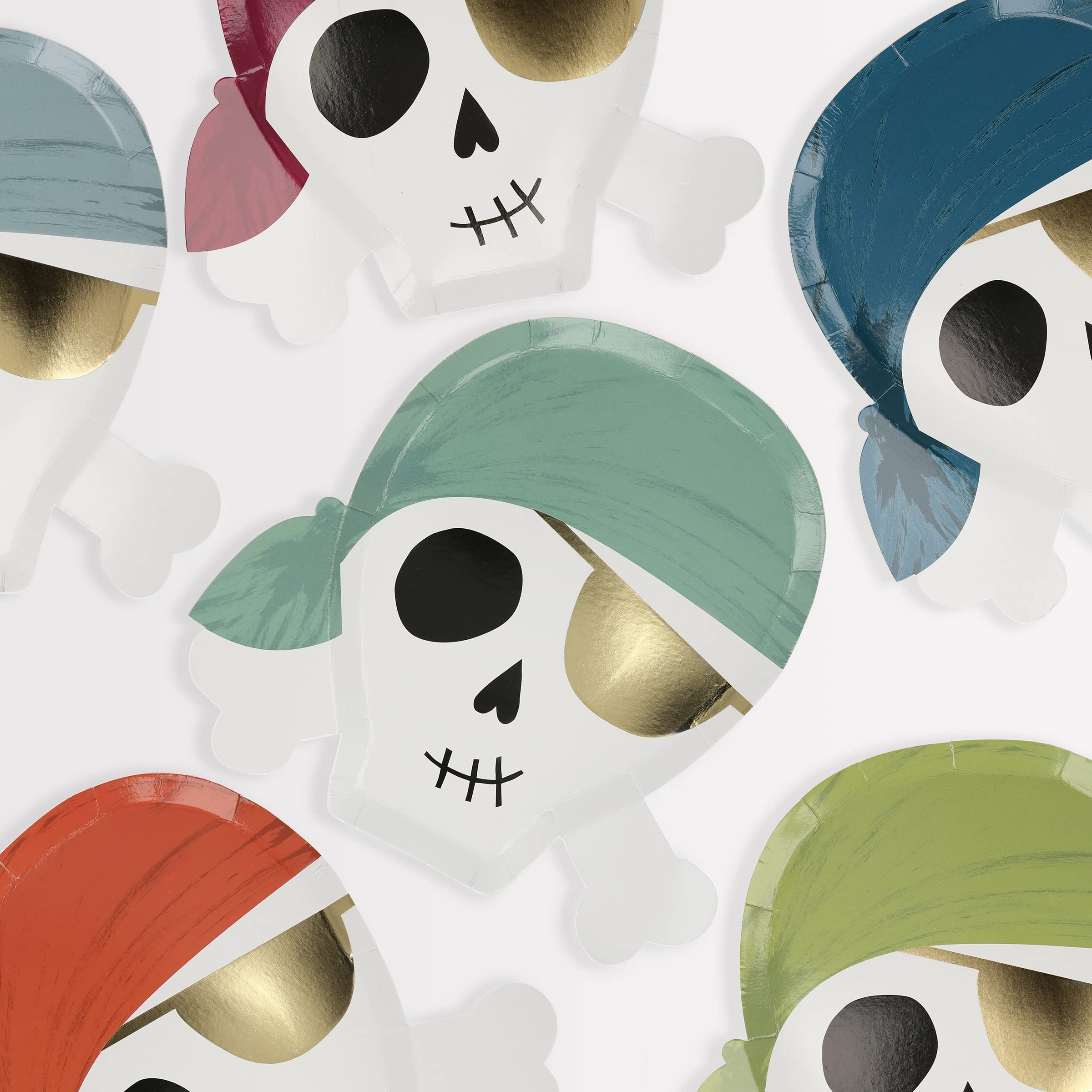 Meri Meri Pirate Plates, Pack of 8 Disposable Paper Plates, Skull and Crossbones Shaped with Pops of Color and Gold Foil Details – Perfect for Pirate Party Decorations and Themed Birthdays