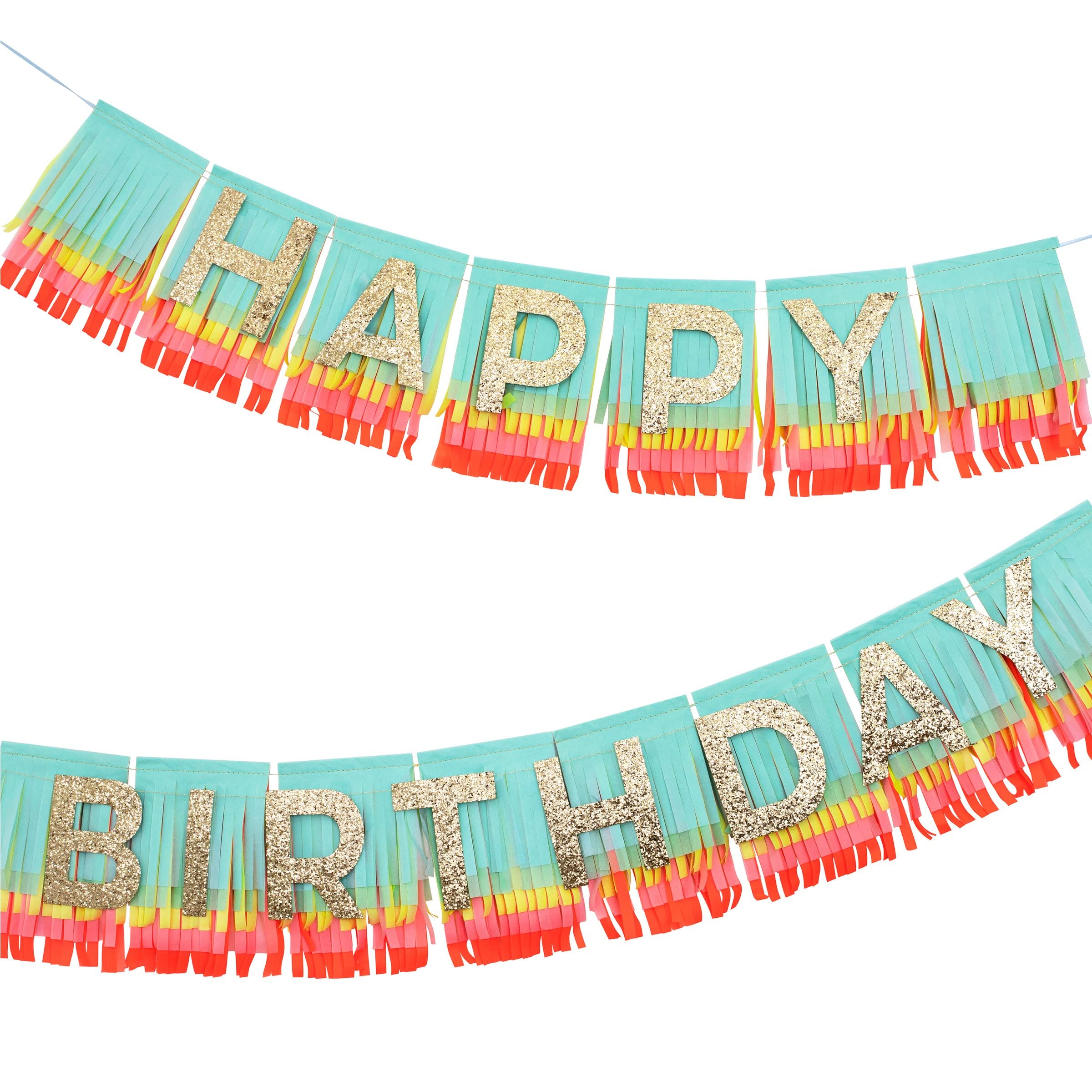 Meri Meri Rainbow Fringe Happy Birthday Banner - 8' Party Garland with Excess Cord