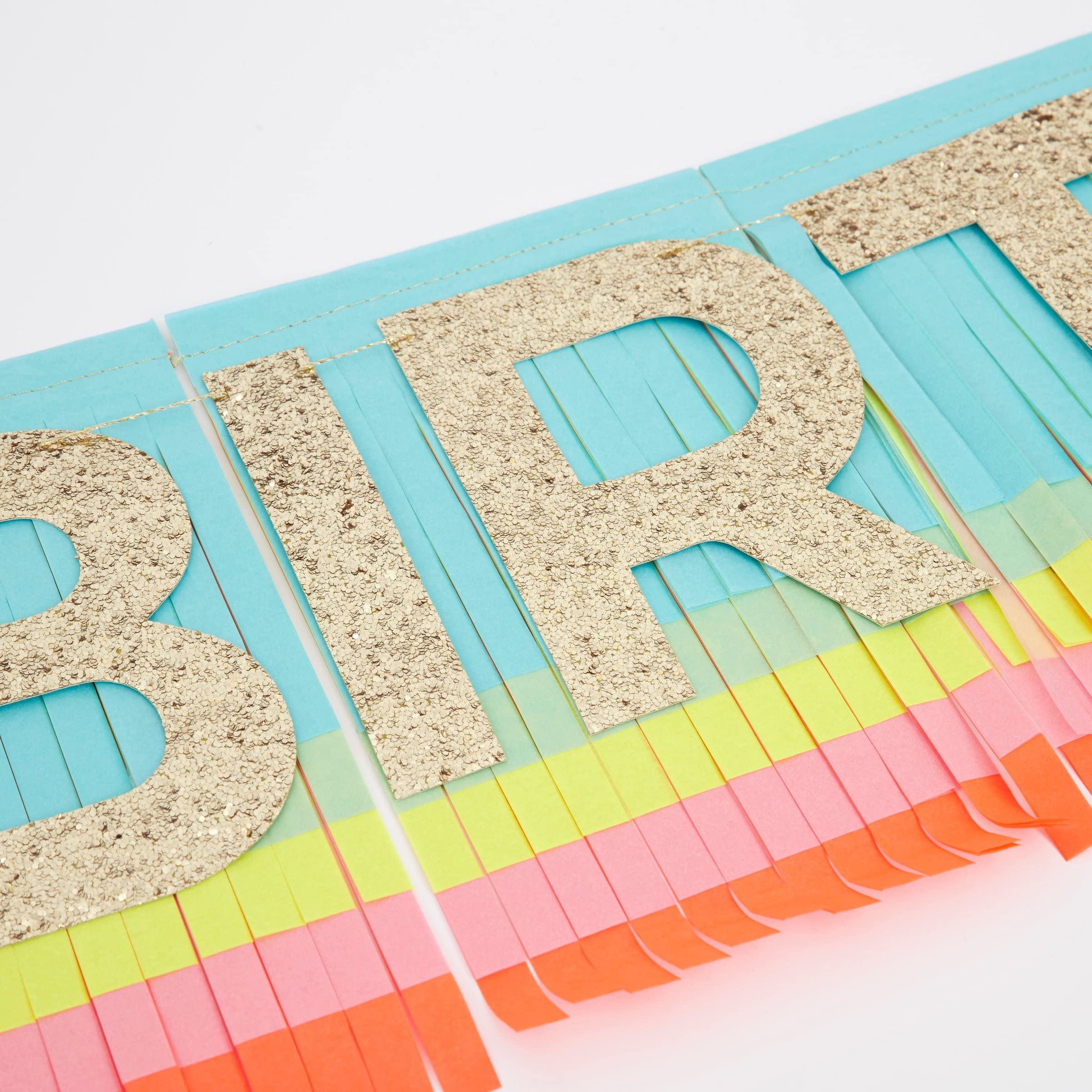 Meri Meri Rainbow Fringe Happy Birthday Banner - 8' Party Garland with Excess Cord - Image 2