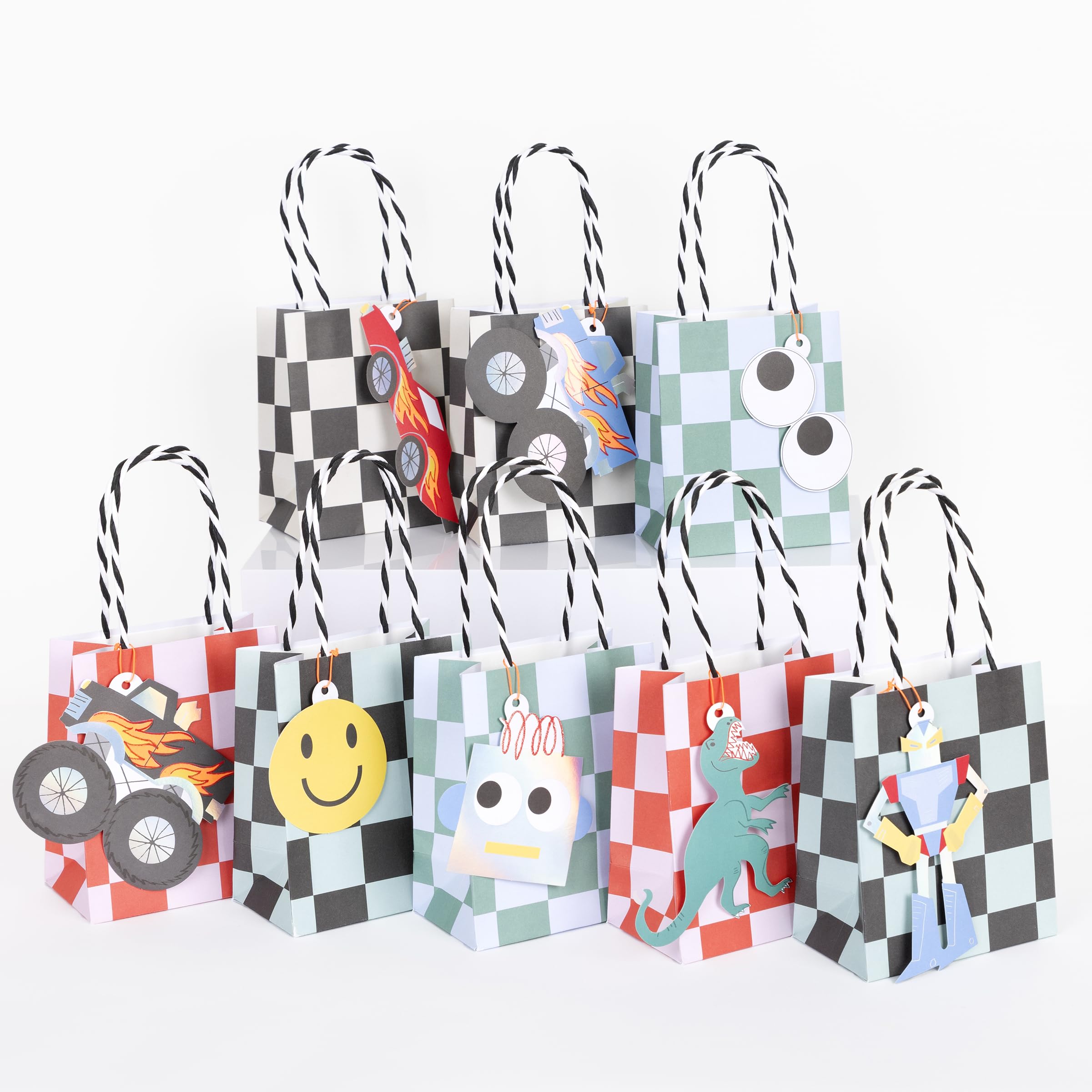 Meri Meri Toybox Icon Paper Party Bags (Pack of 8), 80s Theme Party Favor Bags, Colorful Tags & Stickers, Retro Birthdays, Ages 3+