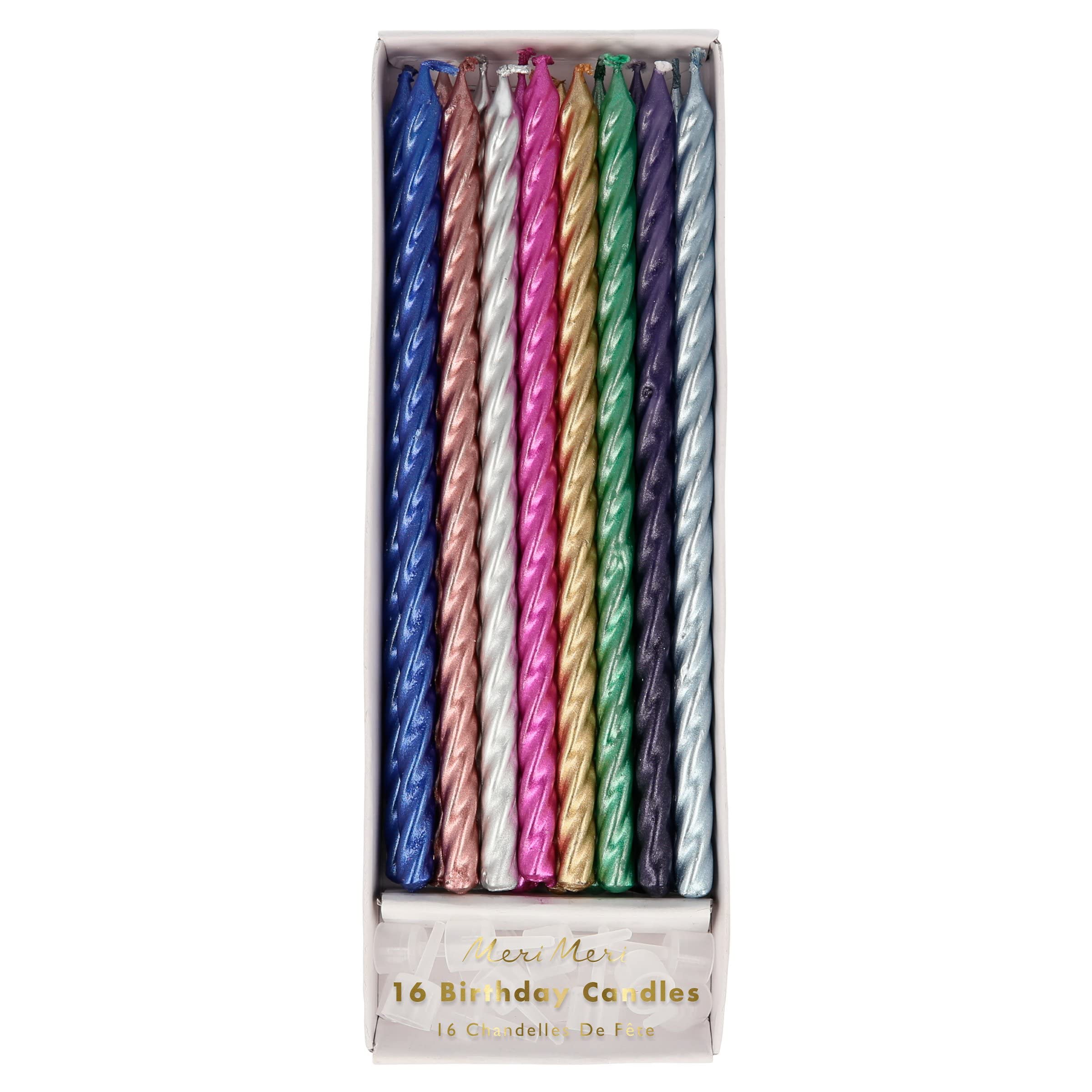 Meri Meri Twisted Long Birthday Candles for Cake (Pack of 16), 7" Tall, Unscented Meri Meri Birthday Candles