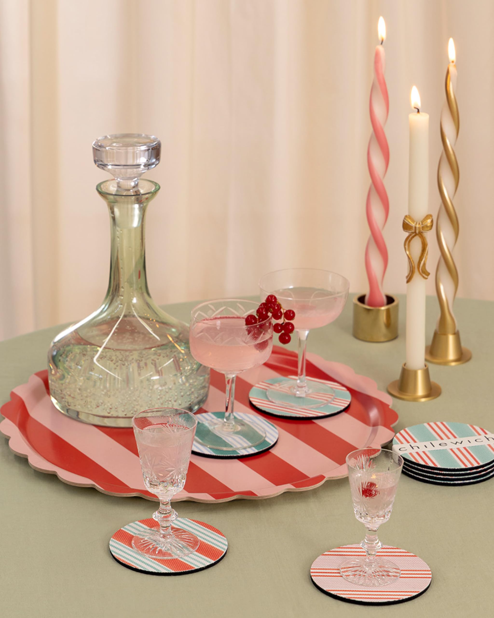 Meri Meri x Chilewich Festive Stripe Woven Coasters Set of 4 - Round 4” Drink Coasters with Felt Backing - Reusable, Stain-Resistant, Indoor/Outdoor Tabletop Protection - Green - Image 4